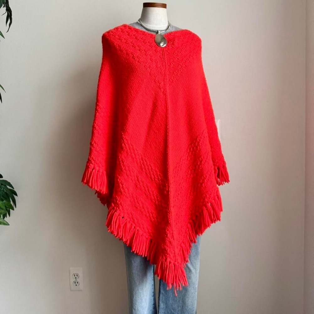 Vintage Vibrant Orange Fringe Poncho Handknit Crochet